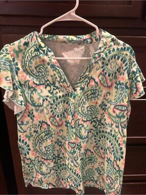 Lightweight Paisley V-Neck Flutter Sleeve Top - Teal & Pink